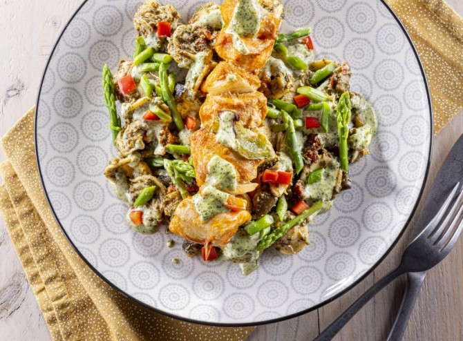 Pasta pesto met kipbrochette